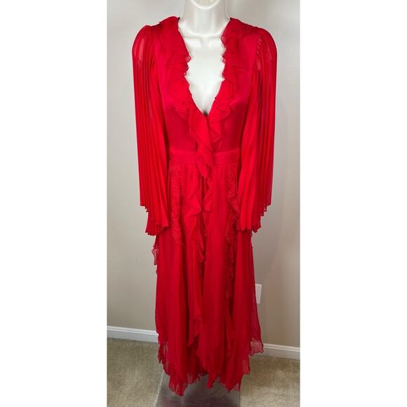 Alice+ Olivia Day Sunburst Red Pleated Sleeve Ruffle Tiered Maxi Dress Size 0 - Picture 5 of 16
